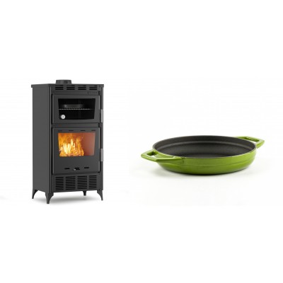 Set Kaminofen, Holzofen mit Backfach Velmora Fire ATS 90-30 ΜΑSΙΝΑ AERO, mit gebläse, 18.23kW + Emaillierte gusseisenpfanne mit zwei Griffen Solagio, Bamboo, Ф19cm - Kaminofen - Holzofen mit Backfach