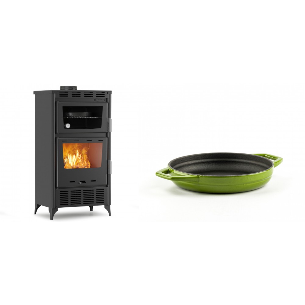 Set Kaminofen, Holzofen mit Backfach Velmora Fire ATS 90-30 ΜΑSΙΝΑ AERO, mit gebläse, 18.23kW + Emaillierte gusseisenpfanne mit zwei Griffen Solagio, Bamboo, Ф16cm