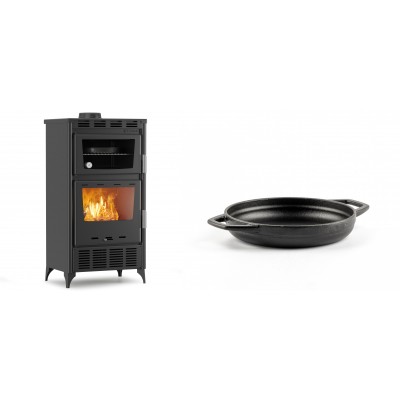 Set Kaminofen, Holzofen mit Backfach Velmora Fire ATS 90-30 ΜΑSΙΝΑ AERO, mit gebläse, 18.23kW + Emaillierte gusseisenpfanne mit zwei Griffen Solagio, Black Onyx, Ф16cm - Kaminofen - Holzofen mit Backfach