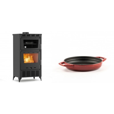 Set Kaminofen, Holzofen mit Backfach Velmora Fire ATS 90-30 ΜΑSΙΝΑ AERO, mit gebläse, 18.23kW + Emaillierte gusseisenpfanne mit zwei Griffen Solagio, Rubin, Ф16cm - Kaminofen - Holzofen mit Backfach