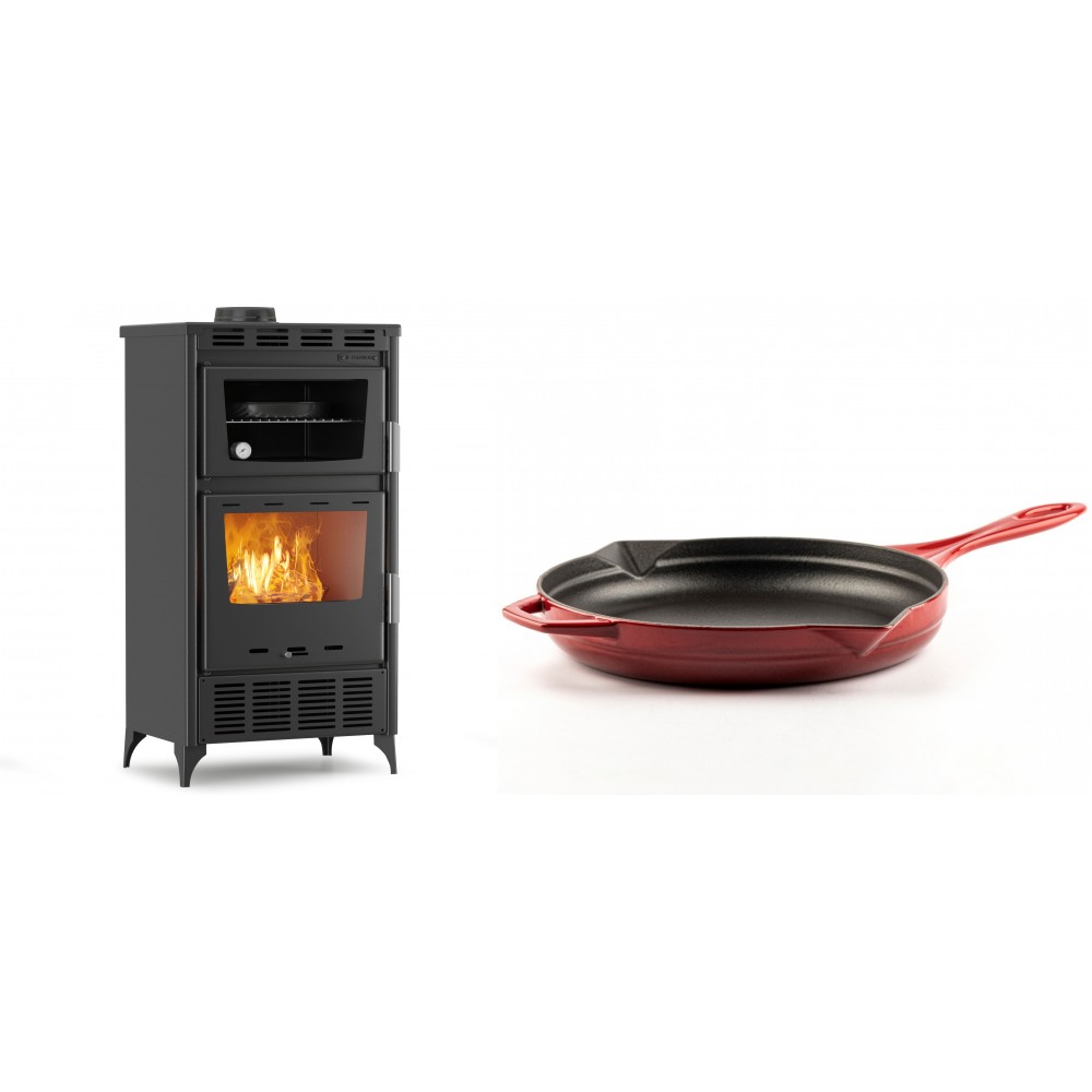 Set Kaminofen, Holzofen mit Backfach Velmora Fire ATS 90-30 ΜΑSΙΝΑ AERO, mit gebläse, 18.23kW + Emaillierte Gusseisenpfanne Solagio, Rubin, Ф28cm