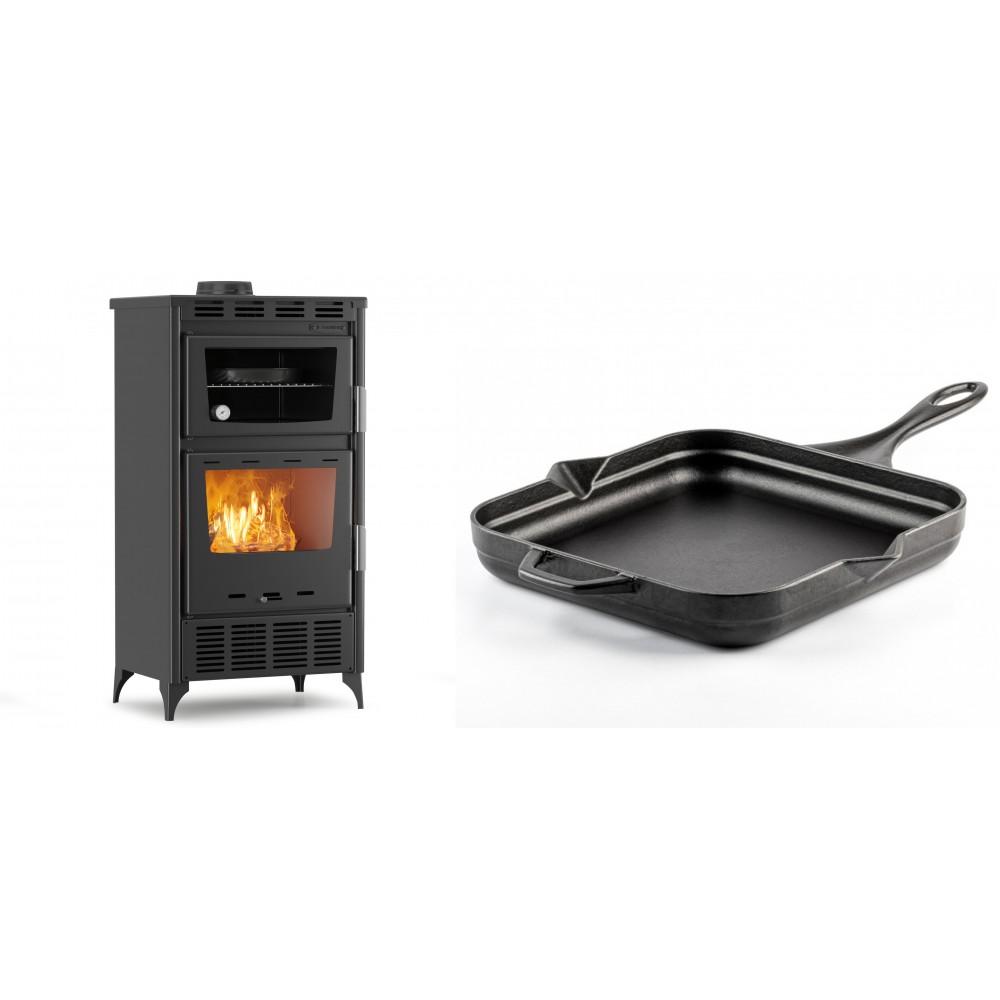 Set Kaminofen, Holzofen mit Backfach Velmora Fire ATS 90-30 ΜΑSΙΝΑ AERO, mit gebläse, 18.23kW + Emaillierte Gusseisenpfanne Solagio, Black Onyx, 28x28cm