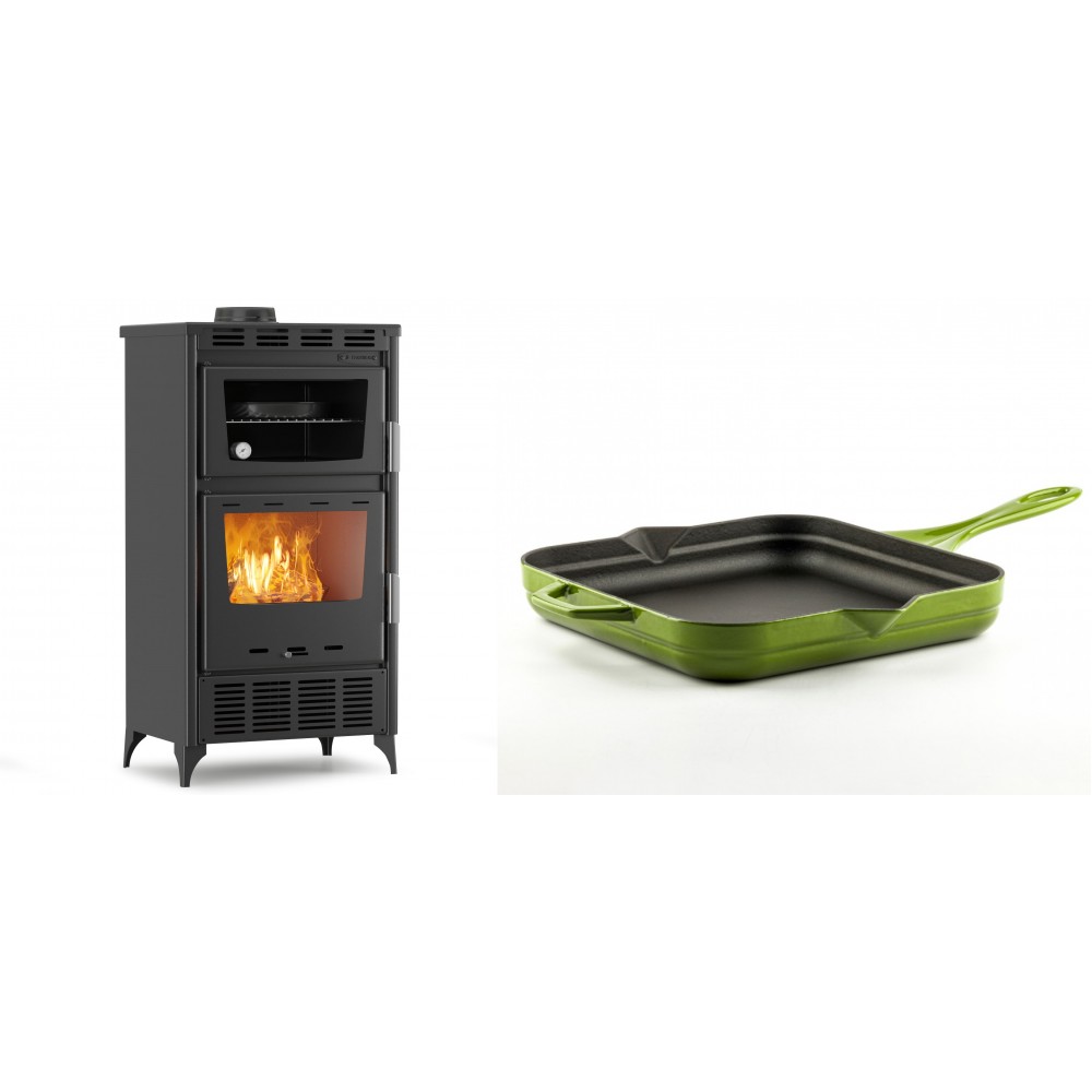 Set Kaminofen, Holzofen mit Backfach Velmora Fire ATS 90-30 ΜΑSΙΝΑ AERO, mit gebläse, 18.23kW + Emaillierte Gusseisenpfanne Solagio, Bamboo, 28x28cm