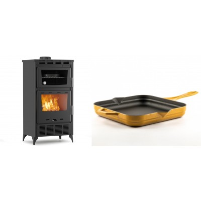 Set Kaminofen, Holzofen mit Backfach Velmora Fire ATS 90-30 ΜΑSΙΝΑ AERO, mit gebläse, 18.23kW + Emaillierte Gusseisenpfanne Solagio, Dijon, 28x28cm - Kaminofen - Holzofen mit Backfach