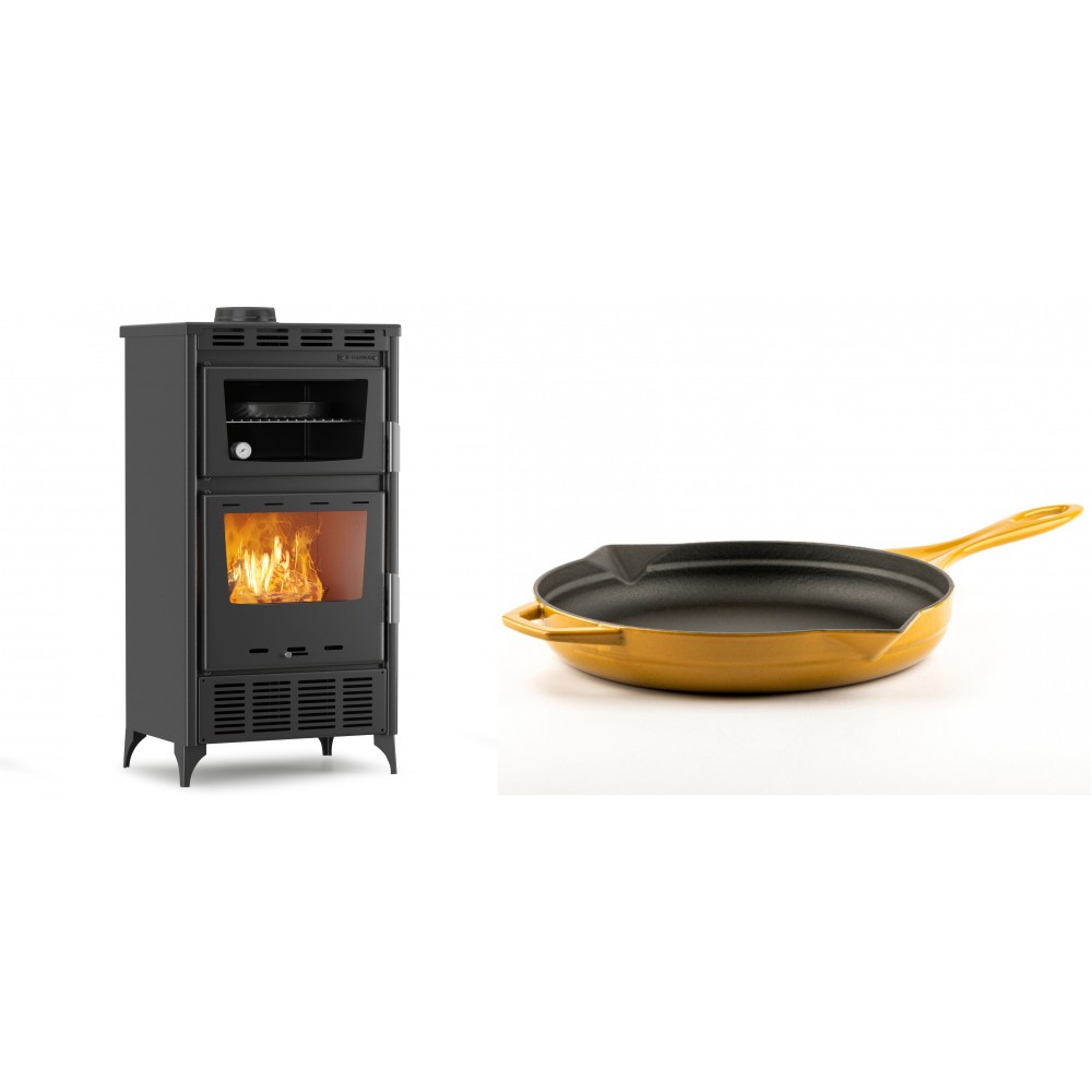 Set Kaminofen, Holzofen mit Backfach Velmora Fire ATS 90-30 ΜΑSΙΝΑ AERO, mit gebläse, 18.23kW + Emaillierte Gusseisenpfanne Solagio, Dijon, Ф28cm