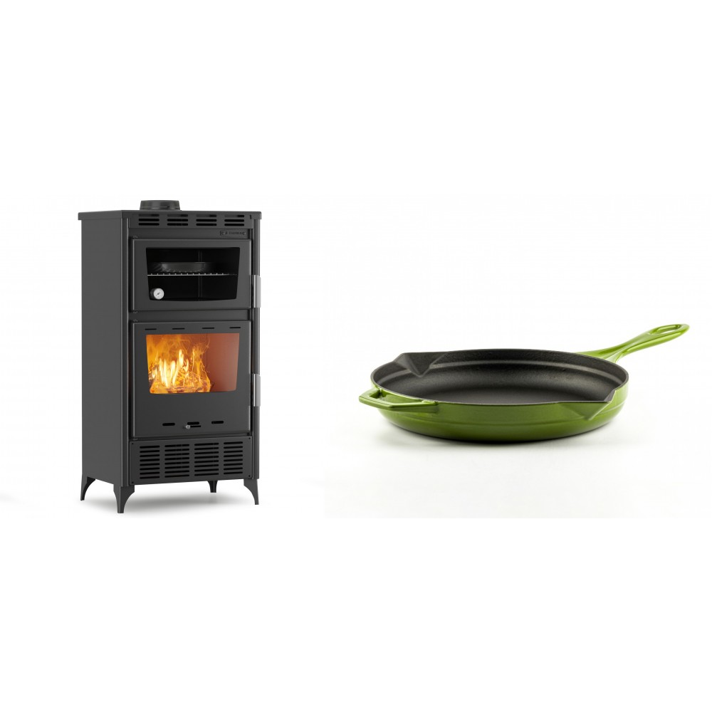 Set Kaminofen, Holzofen mit Backfach Velmora Fire ATS 90-30 ΜΑSΙΝΑ AERO, mit gebläse, 18.23kW + Emaillierte Gusseisenpfanne Solagio, Bamboo, Ф24cm