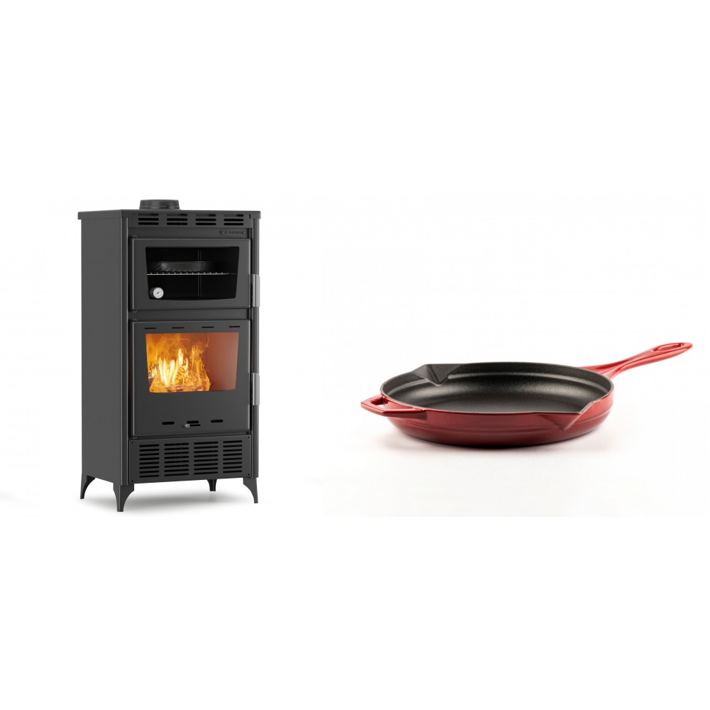 Set Kaminofen, Holzofen mit Backfach Velmora Fire ATS 90-30 ΜΑSΙΝΑ AERO, mit gebläse, 18.23kW + Emaillierte Gusseisenpfanne Solagio, Rubin, Ф24cm | Holzofen | Kaminofen |
