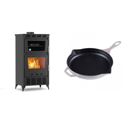 Set Kaminofen, Holzofen mit Backfach Velmora Fire ATS 90-30 ΜΑSΙΝΑ AERO, mit gebläse, 18.23kW + Emaillierte Gusseisenpfanne Solagio, Ivory, Ф28cm - Kaminofen - Holzofen mit Backfach