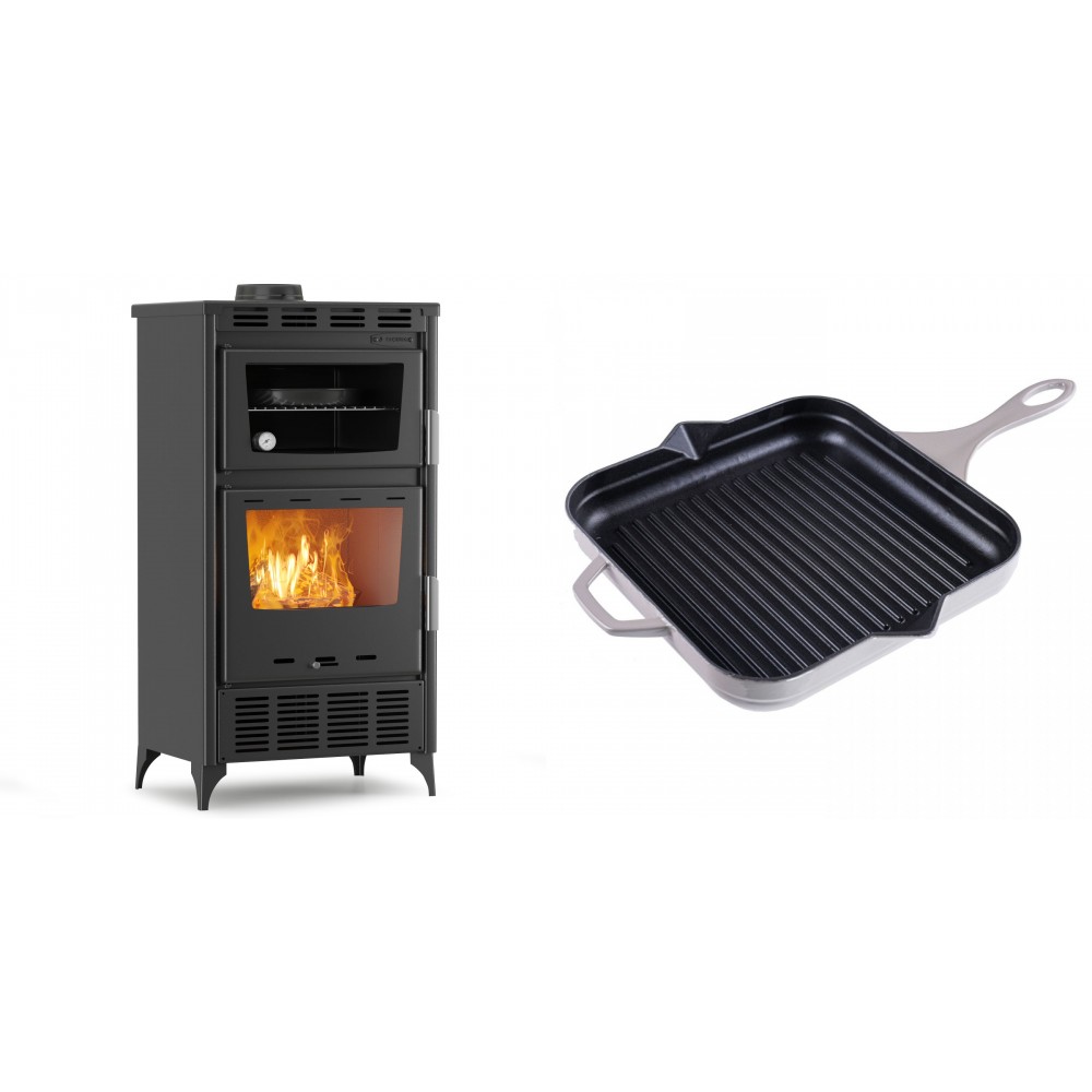 Set Kaminofen, Holzofen mit Backfach Velmora Fire ATS 90-30 ΜΑSΙΝΑ AERO, mit gebläse, 18.23kW + Emaillierte grillpfanne Gusseisen Solagio, Ivory, 28x28cm | Holzofen | Kaminofen |