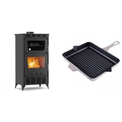 Set Kaminofen, Holzofen mit Backfach Velmora Fire ATS 90-30 ΜΑSΙΝΑ AERO, mit gebläse, 18.23kW + Emaillierte grillpfanne Gusseisen Solagio, Ivory, 26x32cm - Kaminofen - Holzofen mit Backfach
