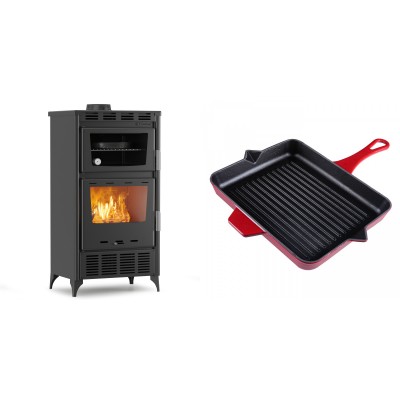 Set Kaminofen, Holzofen mit Backfach Velmora Fire ATS 90-30 ΜΑSΙΝΑ AERO, mit gebläse, 18.23kW + Emaillierte grillpfanne Gusseisen Solagio, Rubin, 26x32cm - Kaminofen - Holzofen mit Backfach