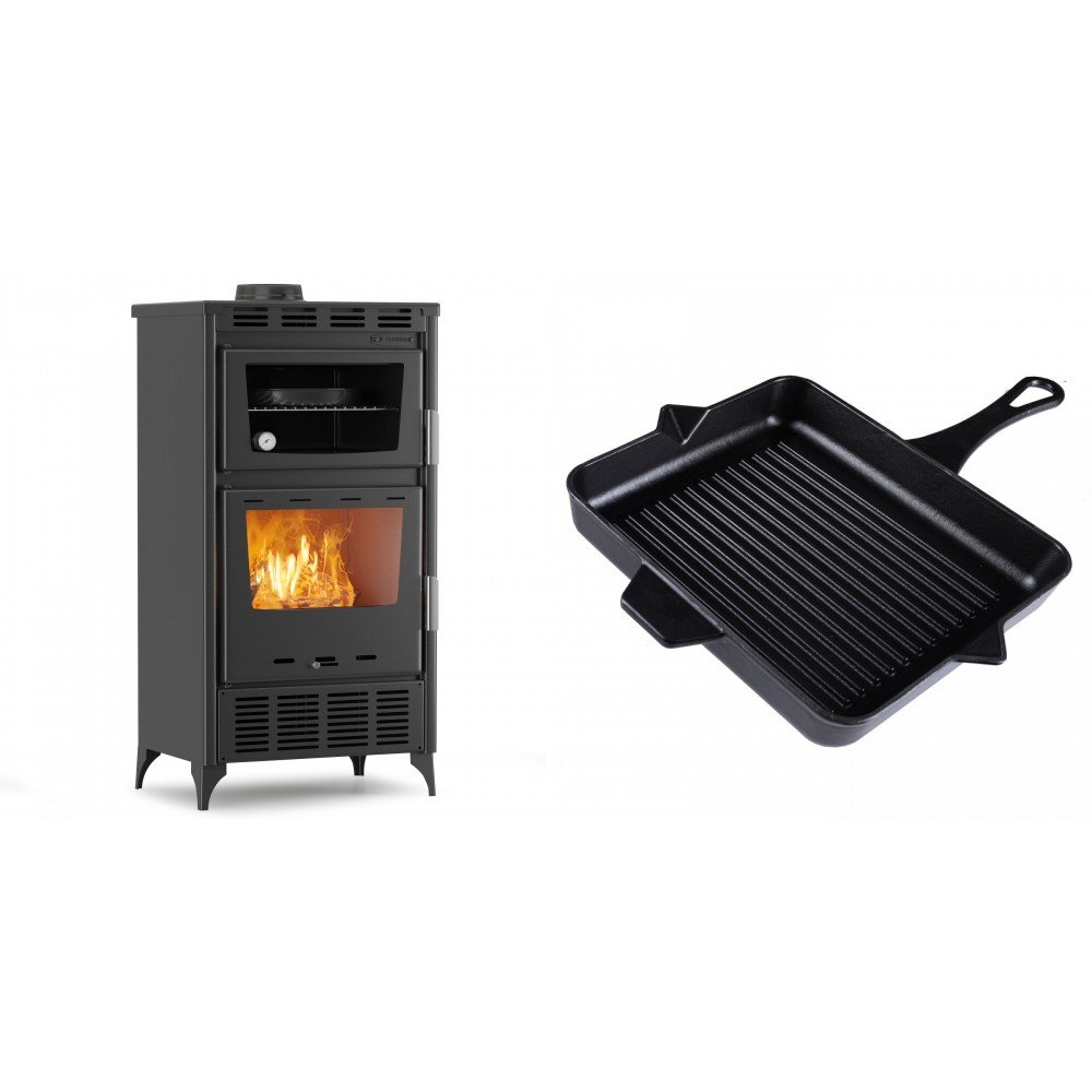 Set Kaminofen, Holzofen mit Backfach Velmora Fire ATS 90-30 ΜΑSΙΝΑ AERO, mit gebläse, 18.23kW + Emaillierte grillpfanne Gusseisen Solagio, Black Onyx, 26x32cm | Holzofen | Kaminofen |