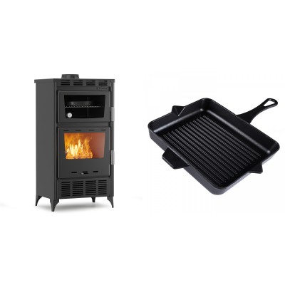 Set Kaminofen, Holzofen mit Backfach Velmora Fire ATS 90-30 ΜΑSΙΝΑ AERO, mit gebläse, 18.23kW + Emaillierte grillpfanne Gusseisen Solagio, Black Onyx, 26x32cm - Kaminofen - Holzofen mit Backfach