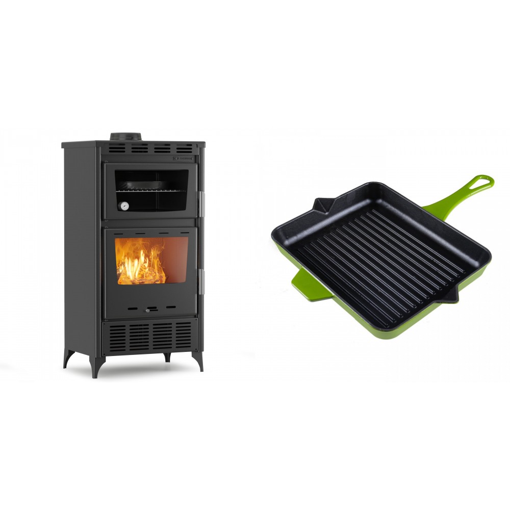 Set Kaminofen, Holzofen mit Backfach Velmora Fire ATS 90-30 ΜΑSΙΝΑ AERO, mit gebläse, 18.23kW + Emaillierte grillpfanne Gusseisen Solagio, Bamboo, 26x32cm | Holzofen | Kaminofen |