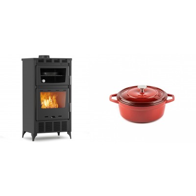 Set Kaminofen, Holzofen mit Backfach Velmora Fire ATS 90-30 ΜΑSΙΝΑ AERO, mit gebläse, 18.23kW + Gusseisen Topf Tiefer Solagio, Rubin, Ф12 - Kaminofen - Holzofen mit Backfach