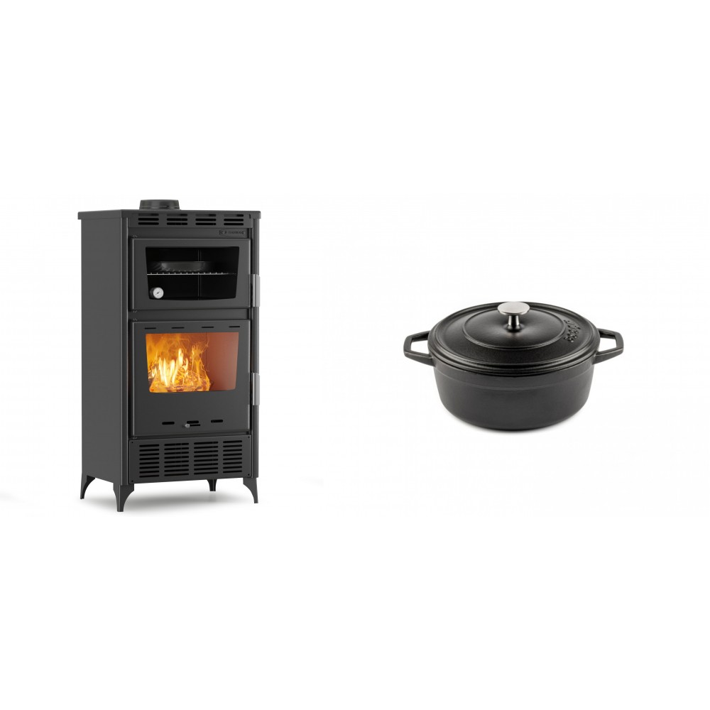 Set Kaminofen, Holzofen mit Backfach Velmora Fire ATS 90-30 ΜΑSΙΝΑ AERO, mit gebläse, 18.23kW + Gusseisen Topf Tiefer Solagio, Black Onyx, Ф12 | Holzofen | Kaminofen |