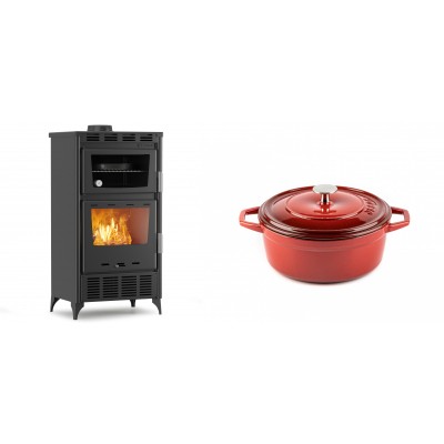 Set Kaminofen, Holzofen mit Backfach Velmora Fire ATS 90-30 ΜΑSΙΝΑ AERO, mit gebläse, 18.23kW + Gusseisen Topf Tiefer Solagio, Rubin, Ф20 - Kaminofen - Holzofen mit Backfach