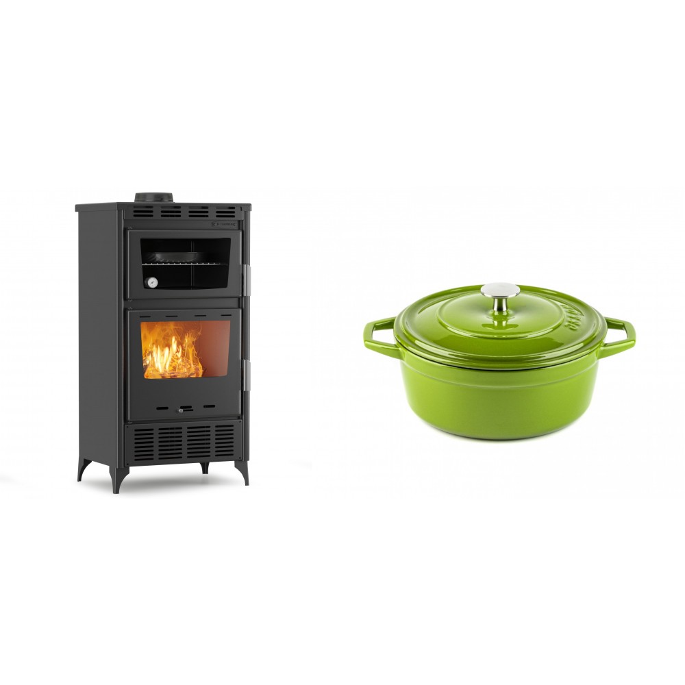Set Kaminofen, Holzofen mit Backfach Velmora Fire ATS 90-30 ΜΑSΙΝΑ AERO, mit gebläse, 18.23kW + Gusseisen Topf Tiefer Solagio, Bamboo, Ф20 | Holzofen | Kaminofen |