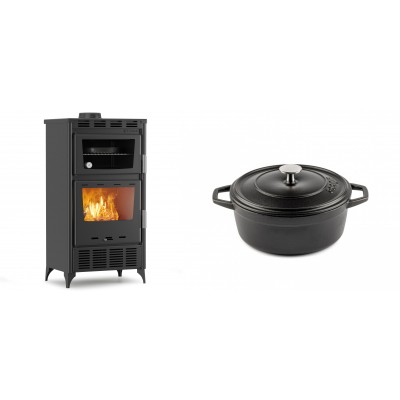 Set Kaminofen, Holzofen mit Backfach Velmora Fire ATS 90-30 ΜΑSΙΝΑ AERO, mit gebläse, 18.23kW + Gusseisen Topf Tiefer Solagio, Black Onyx, Ф20 - Kaminofen - Holzofen mit Backfach