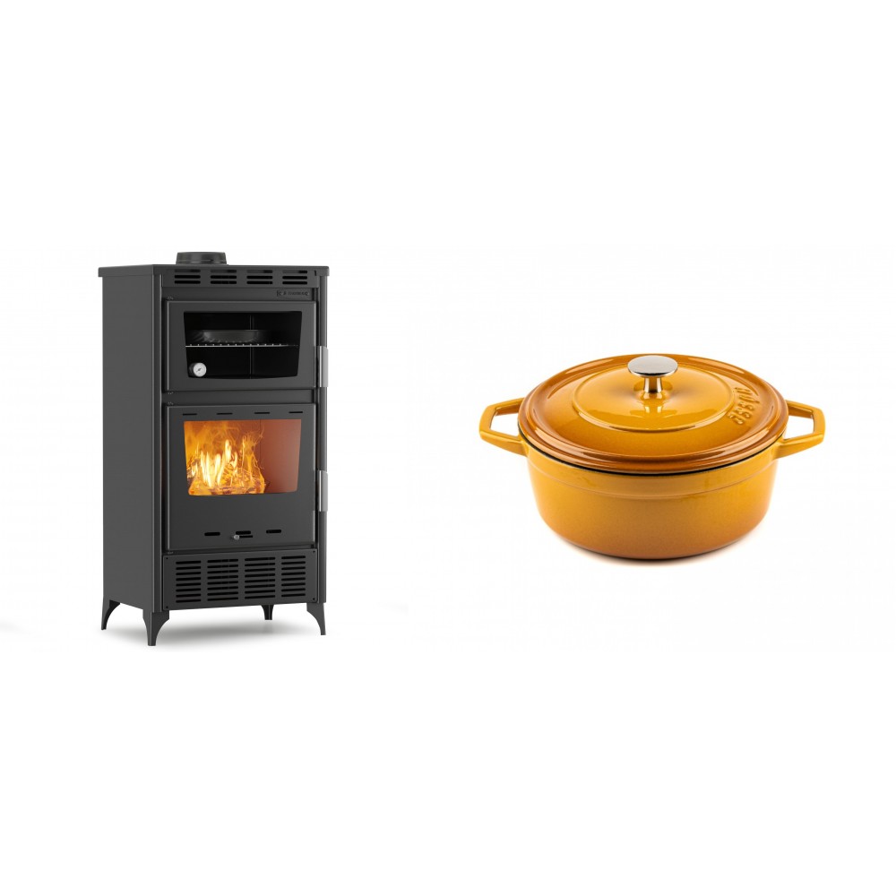 Set Kaminofen, Holzofen mit Backfach Velmora Fire ATS 90-30 ΜΑSΙΝΑ AERO, mit gebläse, 18.23kW + Gusseisen Topf Tiefer Solagio, Dijon, Ф20 | Holzofen | Kaminofen |