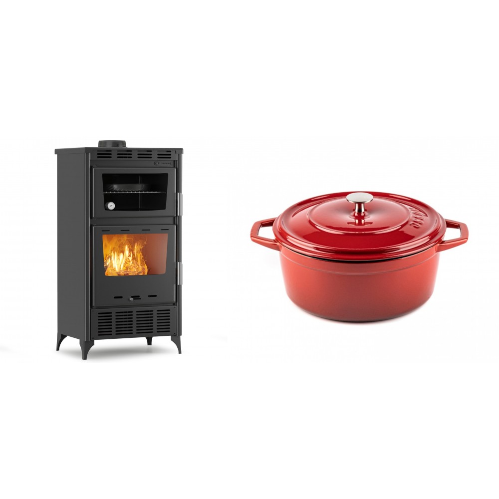 Set Kaminofen, Holzofen mit Backfach Velmora Fire ATS 90-30 ΜΑSΙΝΑ AERO, mit gebläse, 18.23kW + Gusseisen Topf Tiefer Solagio, Rubin, Ф24