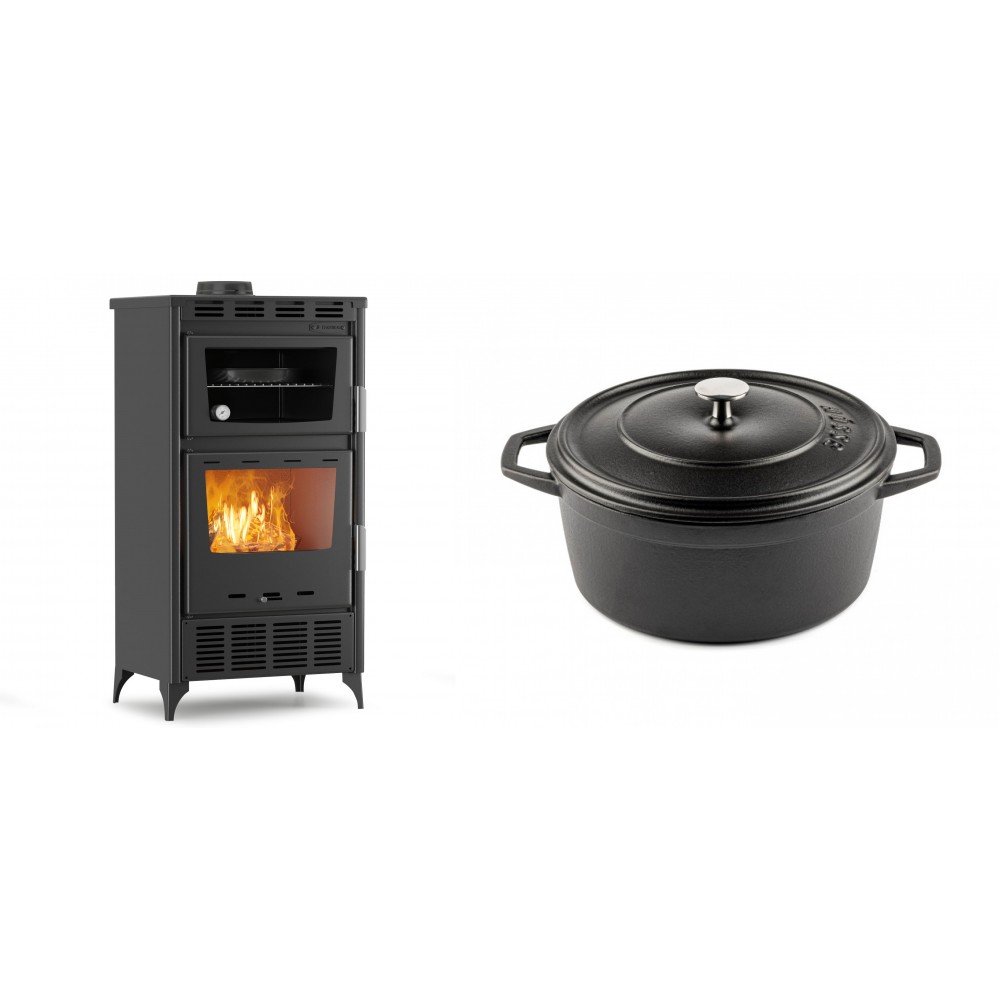 Set Kaminofen, Holzofen mit Backfach Velmora Fire ATS 90-30 ΜΑSΙΝΑ AERO, mit gebläse, 18.23kW + Gusseisen Topf Tiefer Solagio, Black Onyx, Ф24 | Holzofen | Kaminofen |