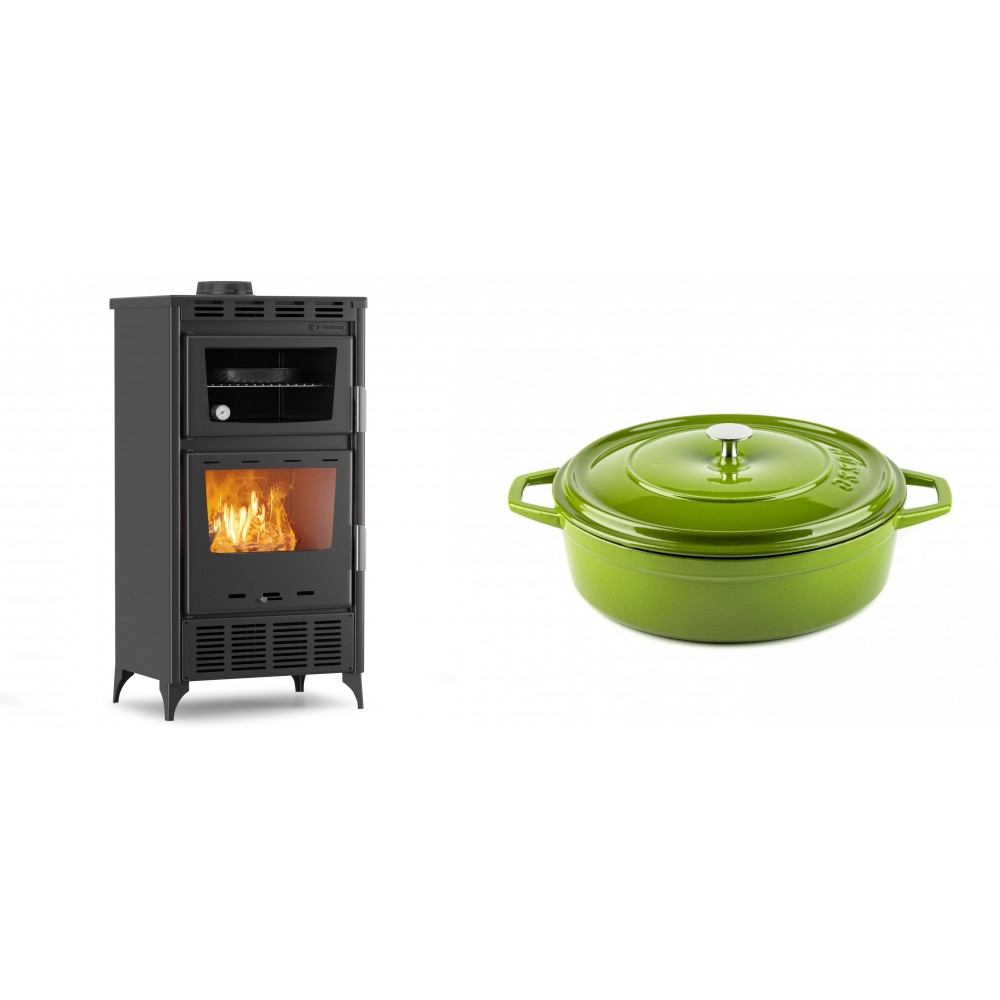 Set Kaminofen, Holzofen mit Backfach Velmora Fire ATS 90-30 ΜΑSΙΝΑ AERO, mit gebläse, 18.23kW + Gusseisen Topf Flach Solagio, Bamboo, Ф26