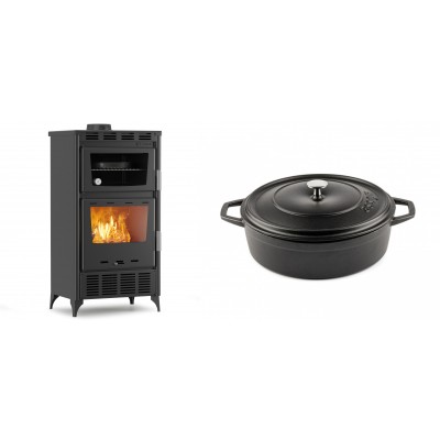 Set Kaminofen, Holzofen mit Backfach Velmora Fire ATS 90-30 ΜΑSΙΝΑ AERO, mit gebläse, 18.23kW + Gusseisen Topf Flach Solagio, Black Onyx, Ф26 - Kaminofen - Holzofen mit Backfach