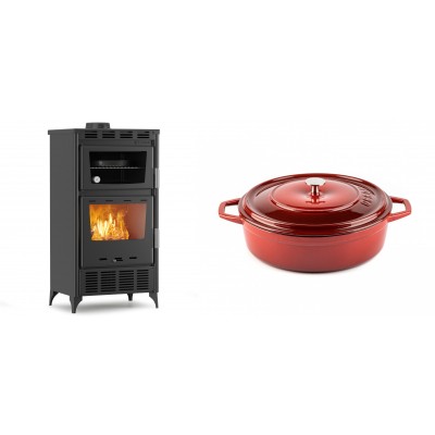 Set Kaminofen, Holzofen mit Backfach Velmora Fire ATS 90-30 ΜΑSΙΝΑ AERO, mit gebläse, 18.23kW + Gusseisen Topf Flach Solagio, Rubin, Ф26 - Kaminofen - Holzofen mit Backfach