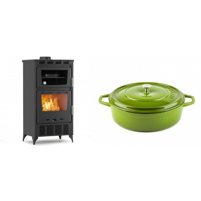 Set Kaminofen, Holzofen mit Backfach Velmora Fire ATS 90-30 ΜΑSΙΝΑ AERO, mit gebläse, 18.23kW + Gusseisen Topf Flach Solagio, Bamboo, Ф28 - Kaminofen - Holzofen mit Backfach