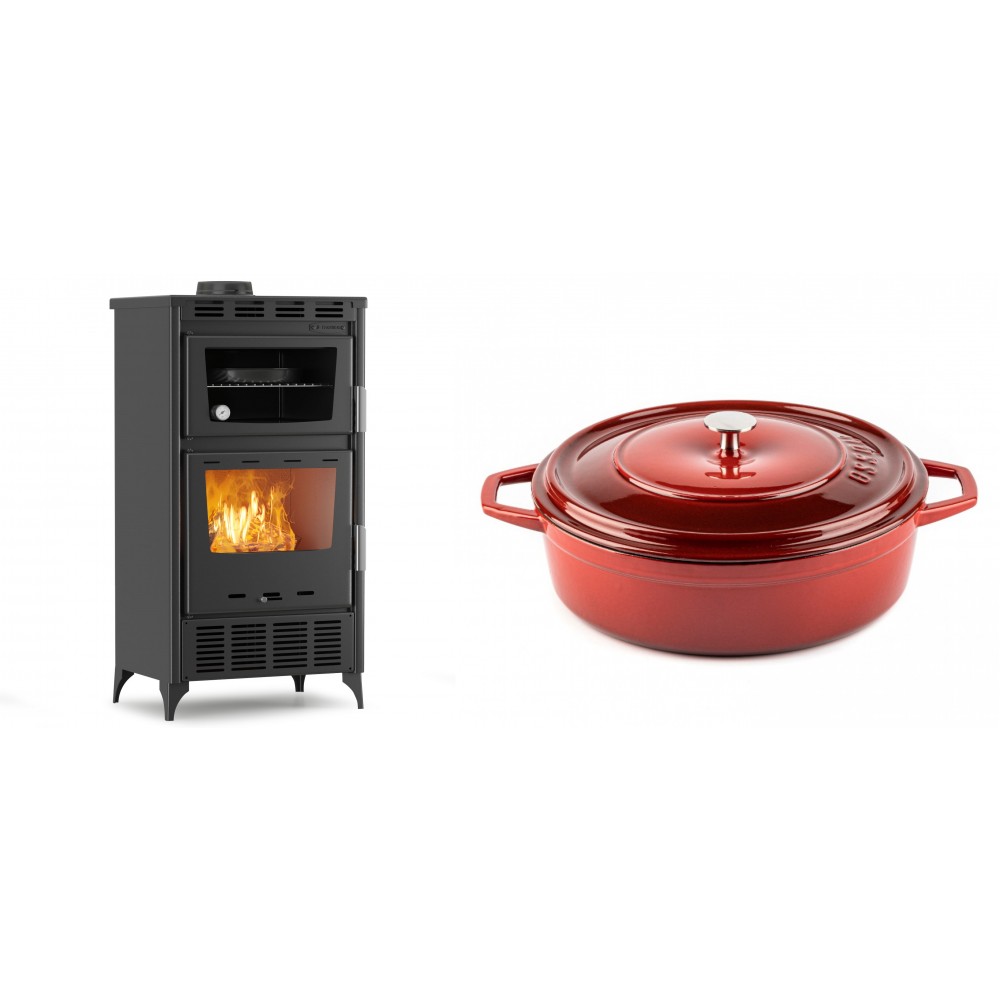 Set Kaminofen, Holzofen mit Backfach Velmora Fire ATS 90-30 ΜΑSΙΝΑ AERO, mit gebläse, 18.23kW + Gusseisen Topf Flach Solagio, Rubin, Ф28