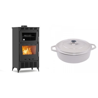 Set Kaminofen, Holzofen mit Backfach Velmora Fire ATS 90-30 ΜΑSΙΝΑ AERO, mit gebläse, 18.23kW + Gusseisen Topf Flach Solagio, Ivory, Ф28 - Kaminofen - Holzofen mit Backfach