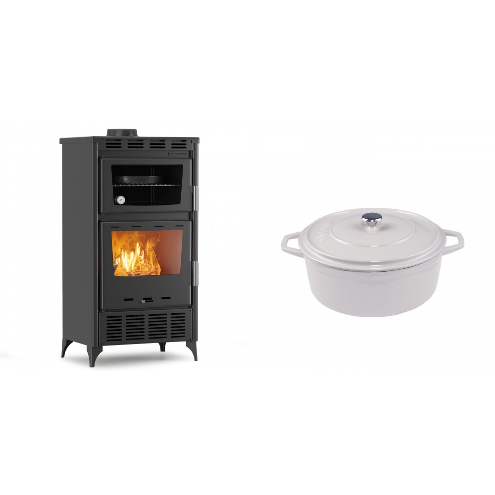 Set Kaminofen, Holzofen mit Backfach Velmora Fire ATS 90-30 ΜΑSΙΝΑ AERO, mit gebläse, 18.23kW + Gusseisen Topf Tiefer Solagio, Ivory, Ф20