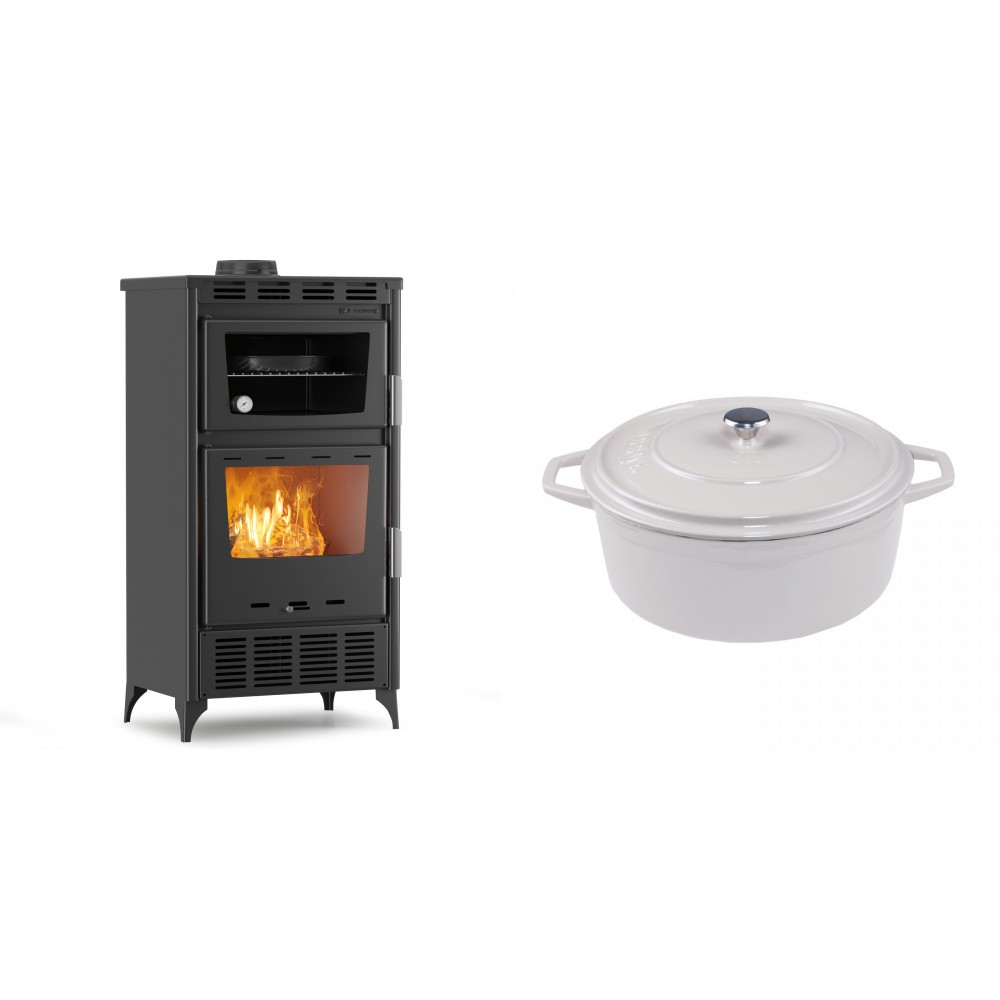Set Kaminofen, Holzofen mit Backfach Velmora Fire ATS 90-30 ΜΑSΙΝΑ AERO, mit gebläse, 18.23kW + Gusseisen Topf Tiefer Solagio, Ivory, Ф24