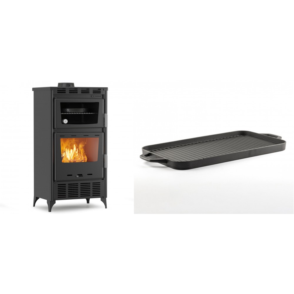 Set Kaminofen, Holzofen mit Backfach Velmora Fire ATS 90-30 ΜΑSΙΝΑ AERO, mit gebläse, 18.23kW + Große Grillplatte aus Gusseisen Solagio, 25x44cm