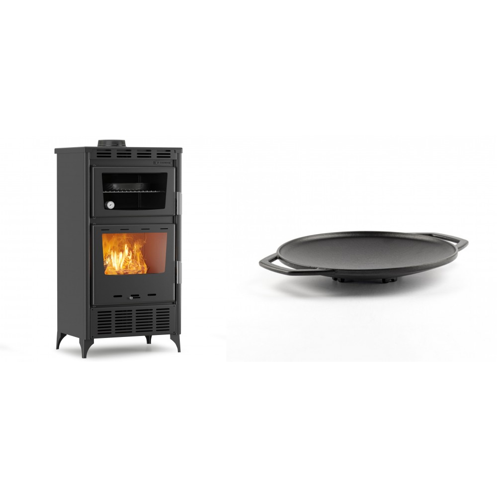 Set Kaminofen, Holzofen mit Backfach Velmora Fire ATS 90-30 ΜΑSΙΝΑ AERO, mit gebläse, 18.23kW + Backplatte aus Gusseisen Solagio, Ф28cm | Holzofen | Kaminofen |