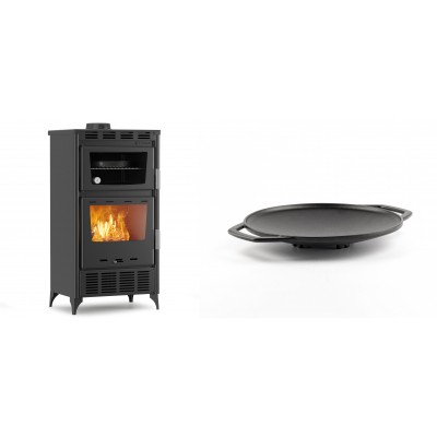 Set Kaminofen, Holzofen mit Backfach Velmora Fire ATS 90-30 ΜΑSΙΝΑ AERO, mit gebläse, 18.23kW + Backplatte aus Gusseisen Solagio, Ф28cm - Kaminofen - Holzofen mit Backfach