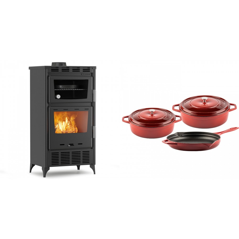 Set Kaminofen, Holzofen mit Backfach Velmora Fire ATS 90-30 ΜΑSΙΝΑ AERO, mit gebläse, 18.23kW + Gusseisen Topf Set aus 3 teilen Solagio, Rubin | Holzofen | Kaminofen |