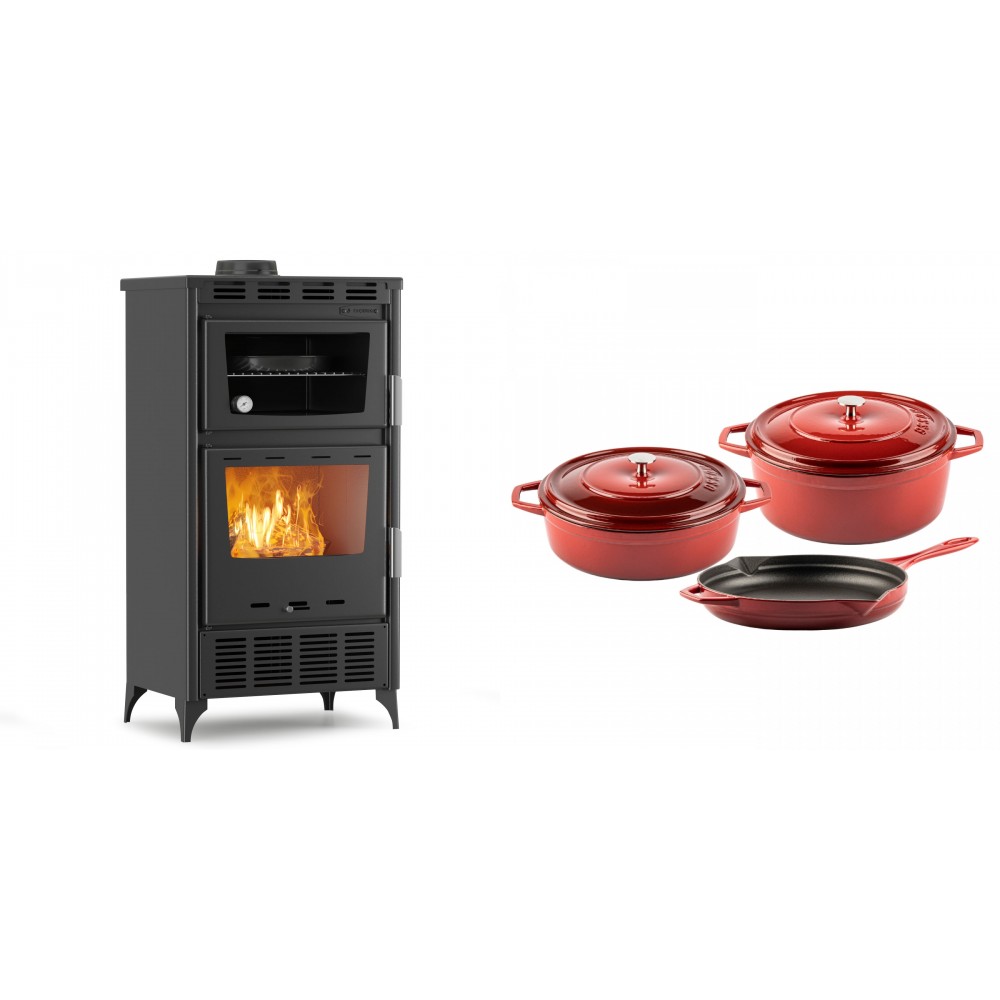 Set Kaminofen, Holzofen mit Backfach Velmora Fire ATS 90-30 ΜΑSΙΝΑ AERO, mit gebläse, 18.23kW + Gusseisen Topf Set aus 3 teilen Solagio, Rubin