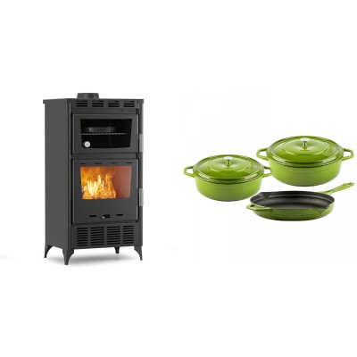 Set Kaminofen, Holzofen mit Backfach Velmora Fire ATS 90-30 ΜΑSΙΝΑ AERO, mit gebläse, 18.23kW + Gusseisen Topf Set aus 3 teilen Solagio, Bamboo - Kaminofen - Holzofen mit Backfach