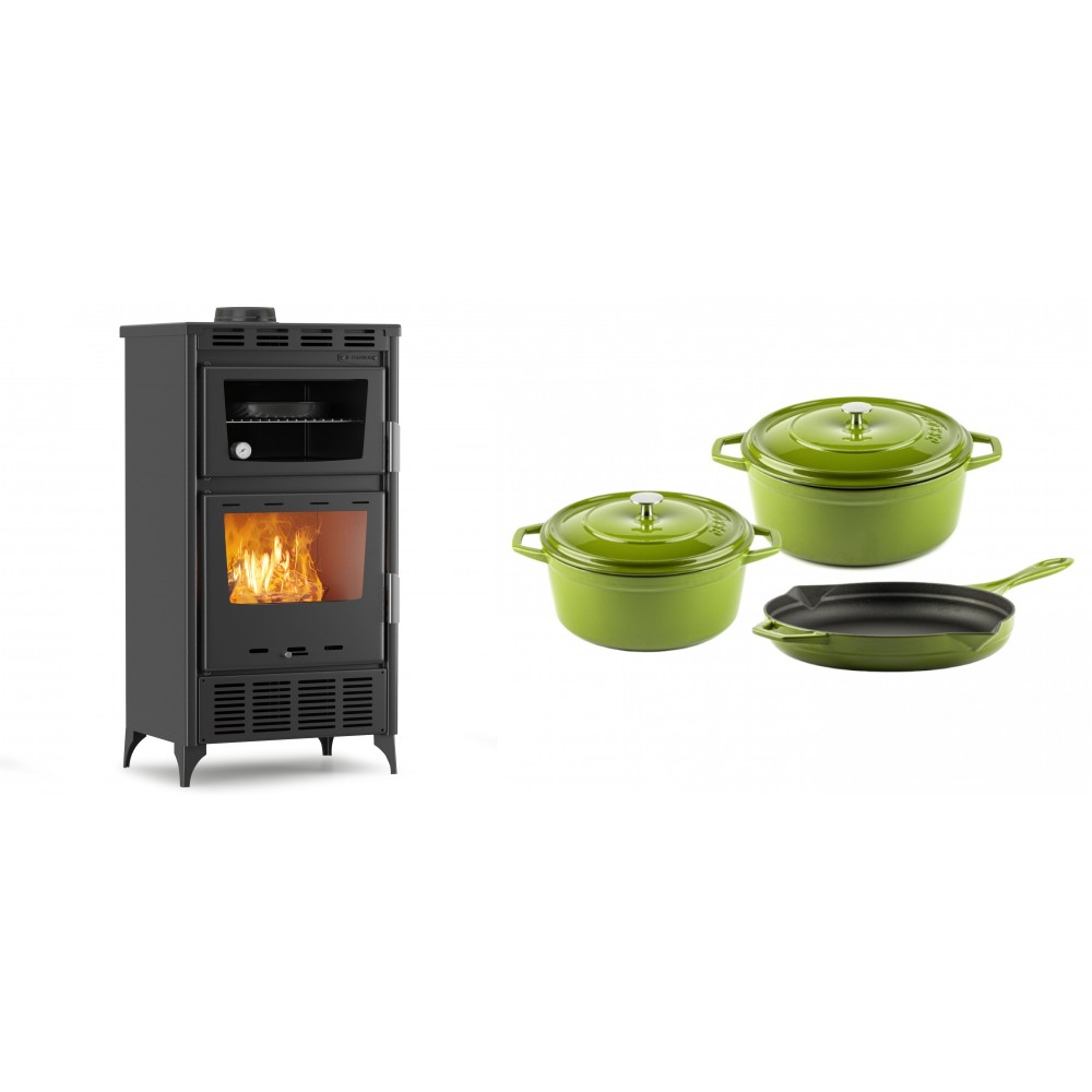 Set Kaminofen, Holzofen mit Backfach Velmora Fire ATS 90-30 ΜΑSΙΝΑ AERO, mit gebläse, 18.23kW + Gusseisen Topf Set aus 3 teilen Solagio, Bamboo