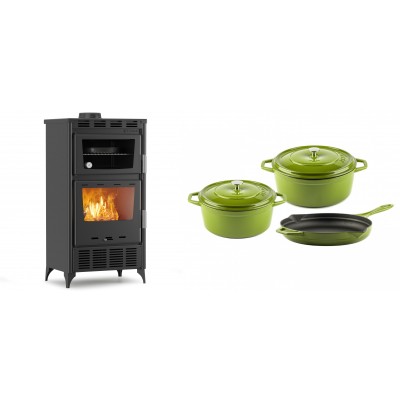 Set Kaminofen, Holzofen mit Backfach Velmora Fire ATS 90-30 ΜΑSΙΝΑ AERO, mit gebläse, 18.23kW + Gusseisen Topf Set aus 3 teilen Solagio, Bamboo - Kaminofen - Holzofen mit Backfach