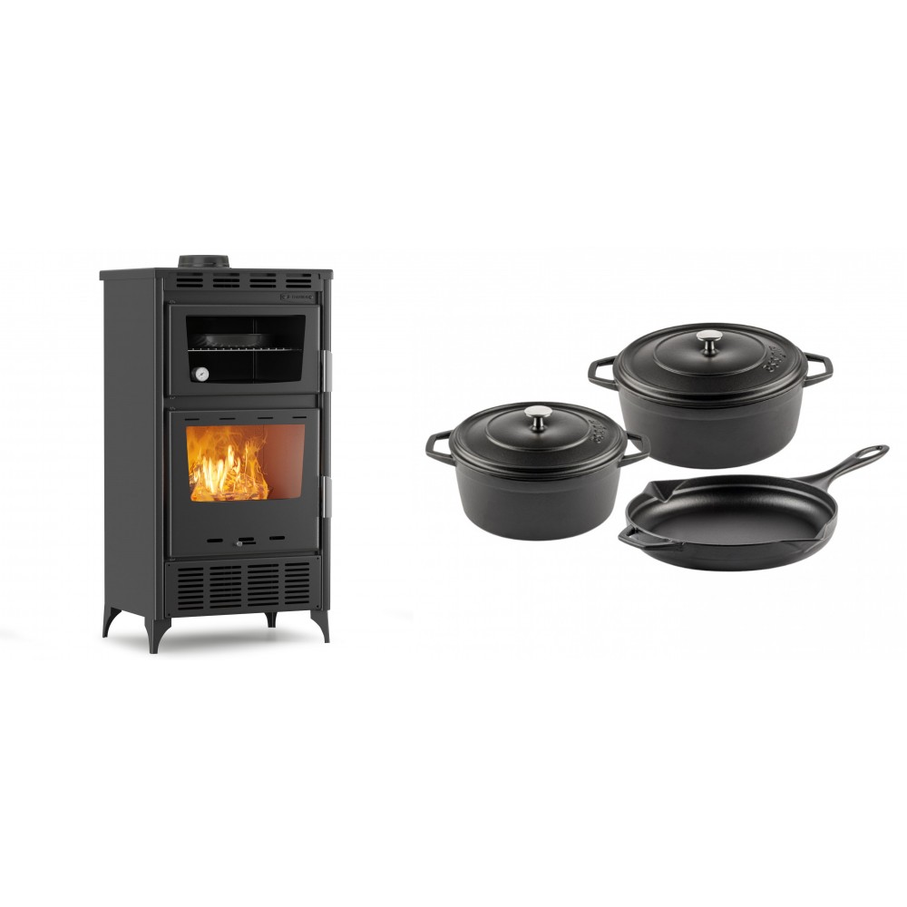 Set Kaminofen, Holzofen mit Backfach Velmora Fire ATS 90-30 ΜΑSΙΝΑ AERO, mit gebläse, 18.23kW + Gusseisen Topf Set aus 3 teilen Solagio, Black Onyx | Holzofen | Kaminofen |