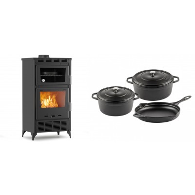 Set Kaminofen, Holzofen mit Backfach Velmora Fire ATS 90-30 ΜΑSΙΝΑ AERO, mit gebläse, 18.23kW + Gusseisen Topf Set aus 3 teilen Solagio, Black Onyx - Kaminofen - Holzofen mit Backfach