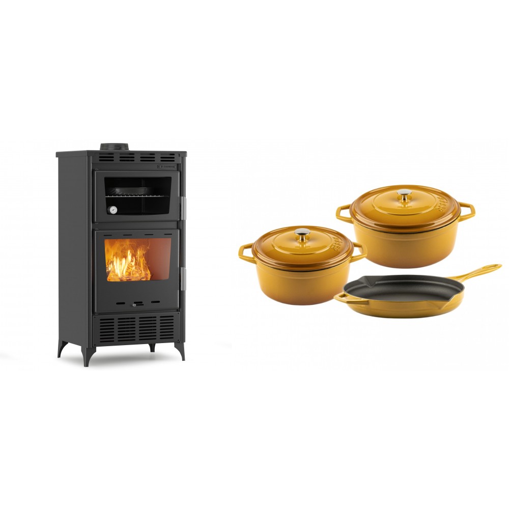 Set Kaminofen, Holzofen mit Backfach Velmora Fire ATS 90-30 ΜΑSΙΝΑ AERO, mit gebläse, 18.23kW + Gusseisen Topf Set aus 3 teilen Solagio, Dijon