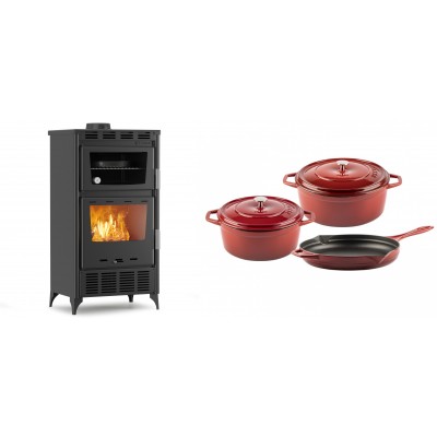 Set Kaminofen, Holzofen mit Backfach Velmora Fire ATS 90-30 ΜΑSΙΝΑ AERO, mit gebläse, 18.23kW + Gusseisen Topf Set aus 3 teilen Solagio, Rubin - Kaminofen - Holzofen mit Backfach