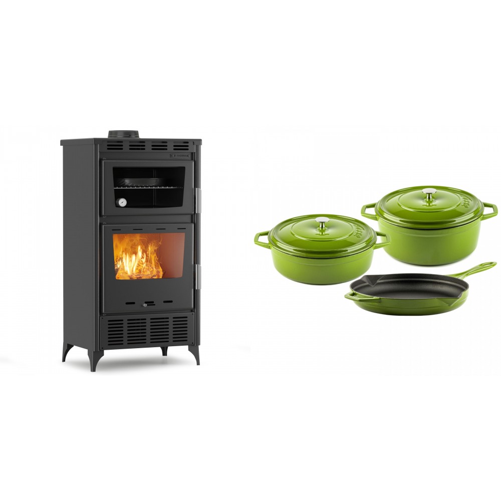 Set Kaminofen, Holzofen mit Backfach Velmora Fire ATS 90-30 ΜΑSΙΝΑ AERO, mit gebläse, 18.23kW + Gusseisen Topf Set aus 3 teilen Solagio, Bamboo