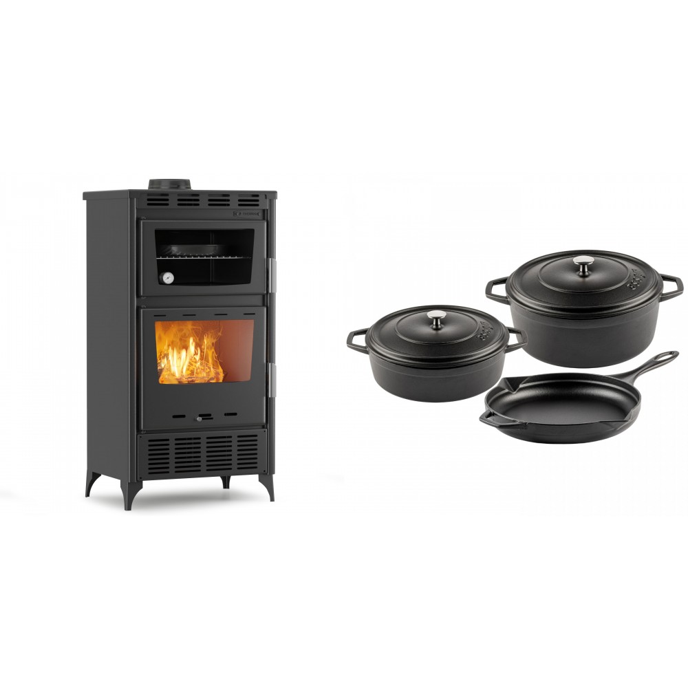 Set Kaminofen, Holzofen mit Backfach Velmora Fire ATS 90-30 ΜΑSΙΝΑ AERO, mit gebläse, 18.23kW + Gusseisen Topf Set aus 3 teilen Solagio, Black Onyx