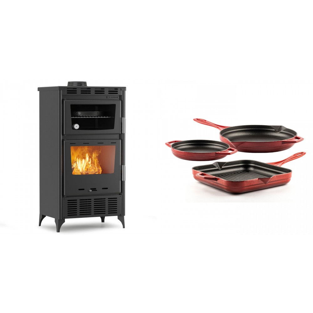 Set Kaminofen, Holzofen mit Backfach Velmora Fire ATS 90-30 ΜΑSΙΝΑ AERO, mit gebläse, 18.23kW + Gusseisen Topf Set aus 3 teilen Solagio, Rubin