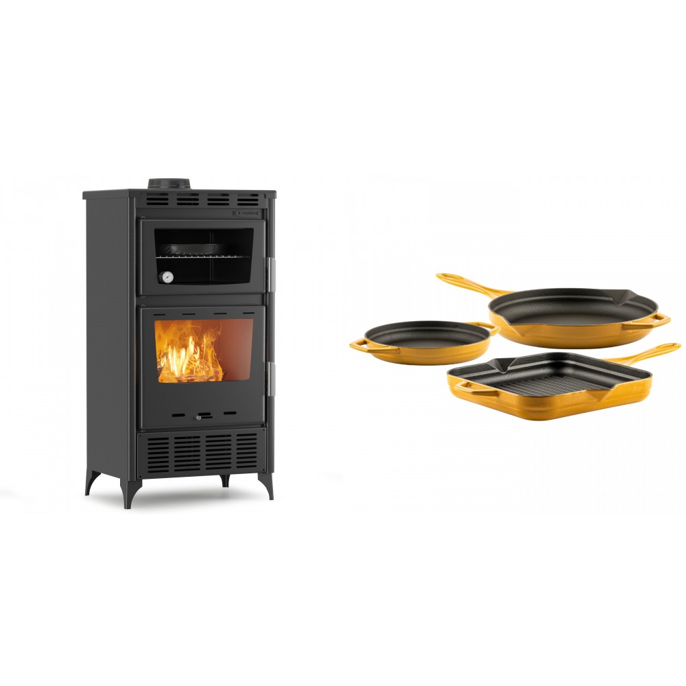 Set Kaminofen, Holzofen mit Backfach Velmora Fire ATS 90-30 ΜΑSΙΝΑ AERO, mit gebläse, 18.23kW + Gusseisen Topf Set aus 3 teilen Solagio, Dijon